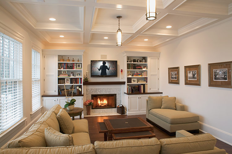 Muttontown NY Interior Design for Coffered Ceiling Family Room